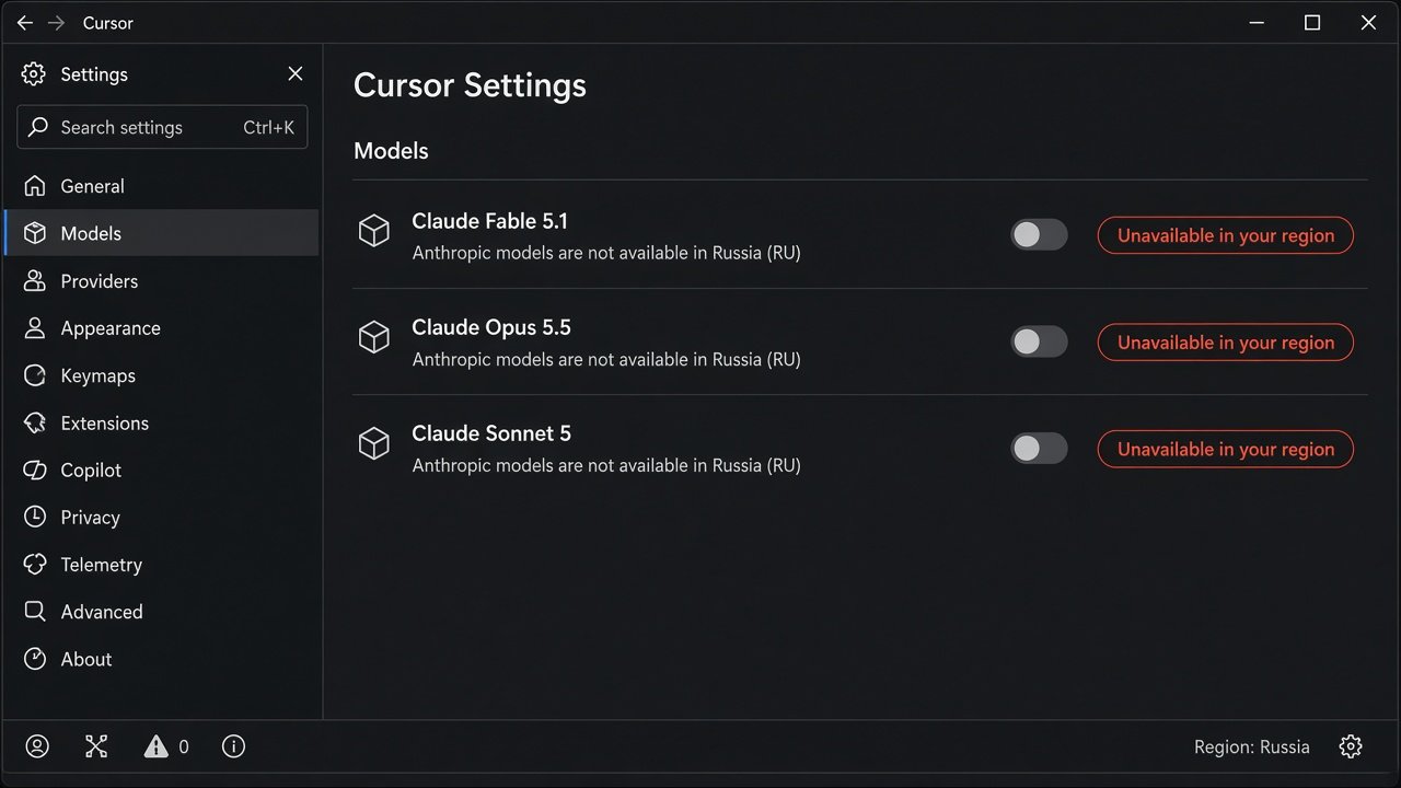 How to use Cursor in Russia — Settings Models Claude unavailable. Cursor в России: модели недоступны